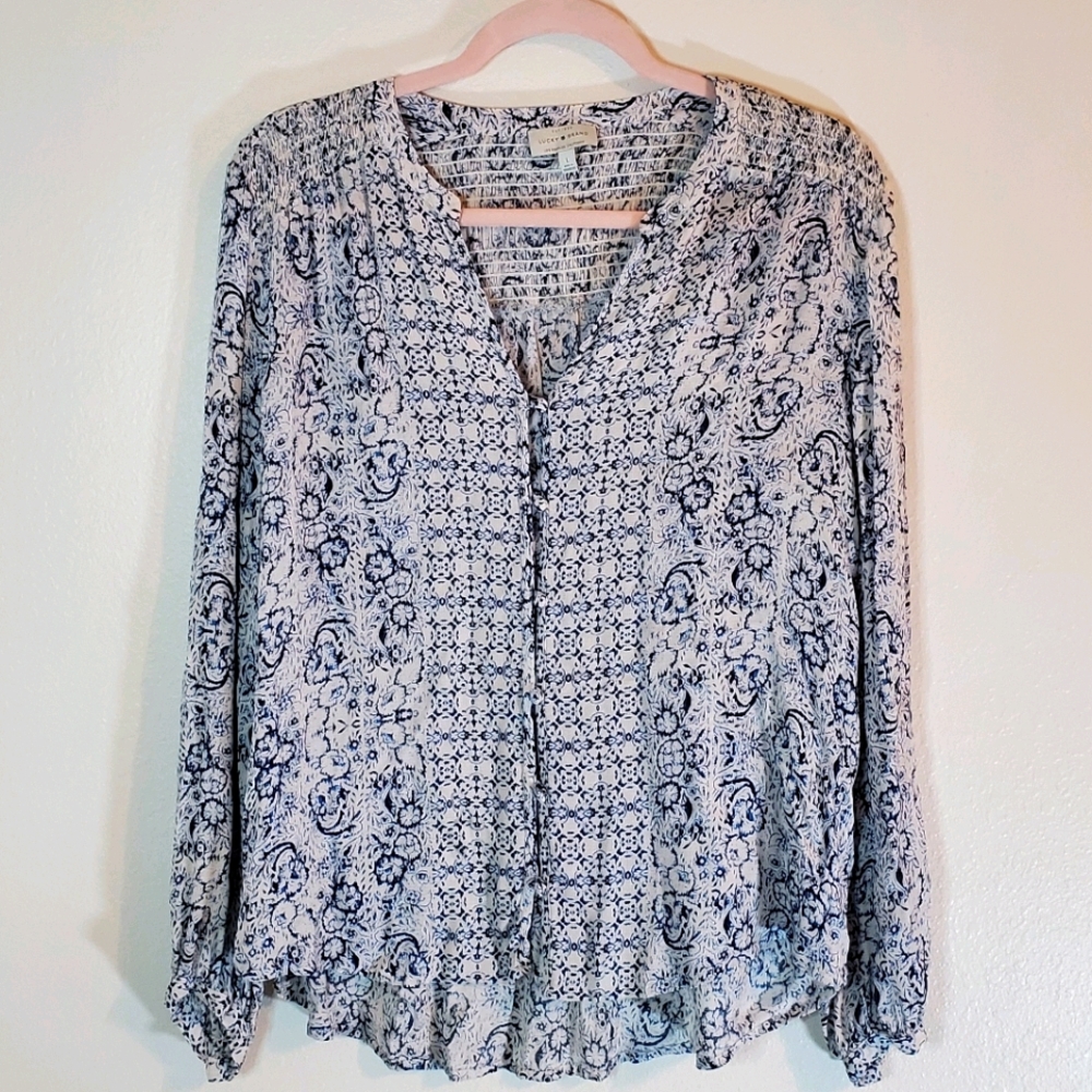 Lucky Brand Womens Floral Print Split Neck Blouse